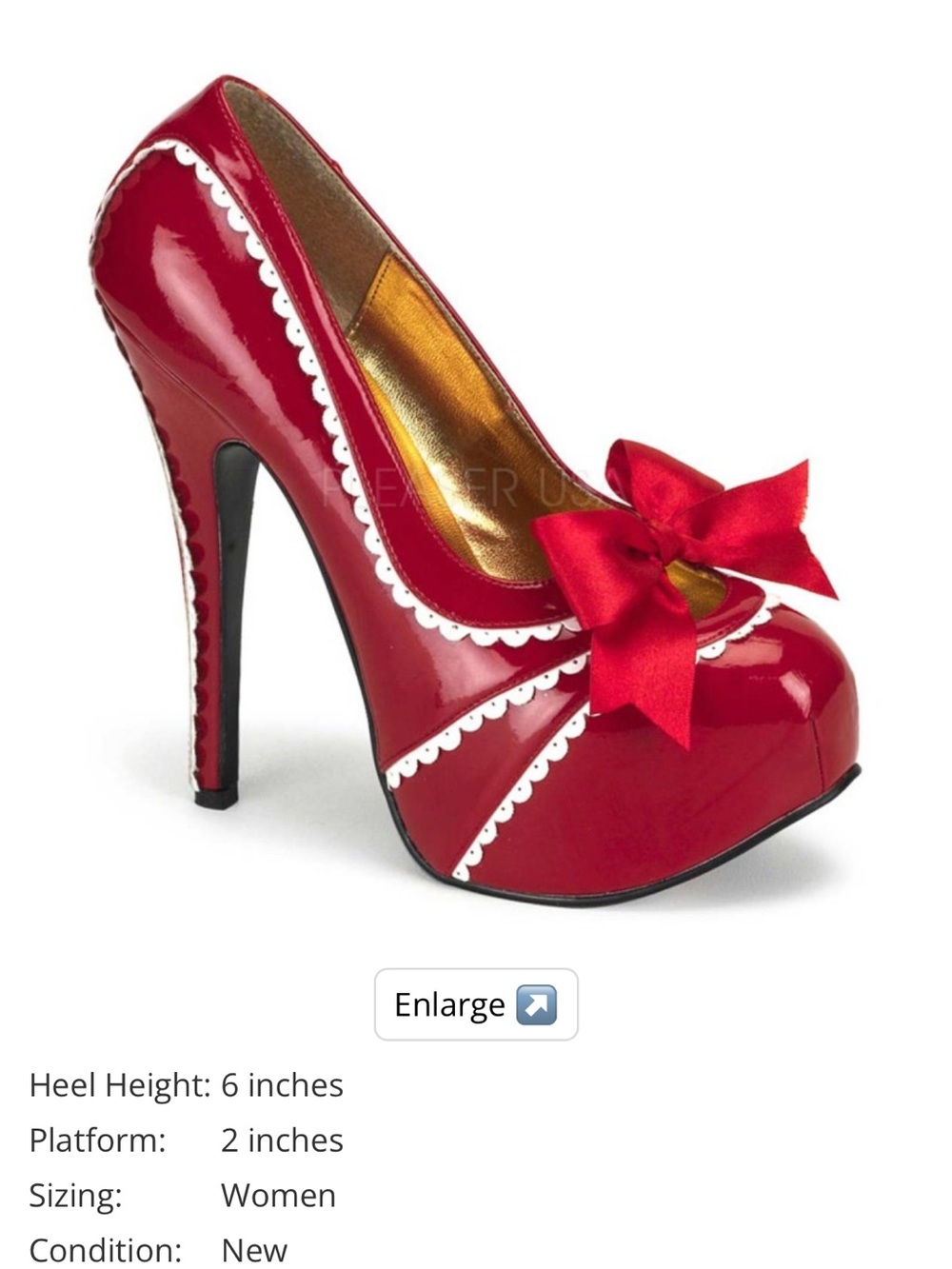 Pleaser Red Patent Platform Pumps with White Scallop Trim and Bow
